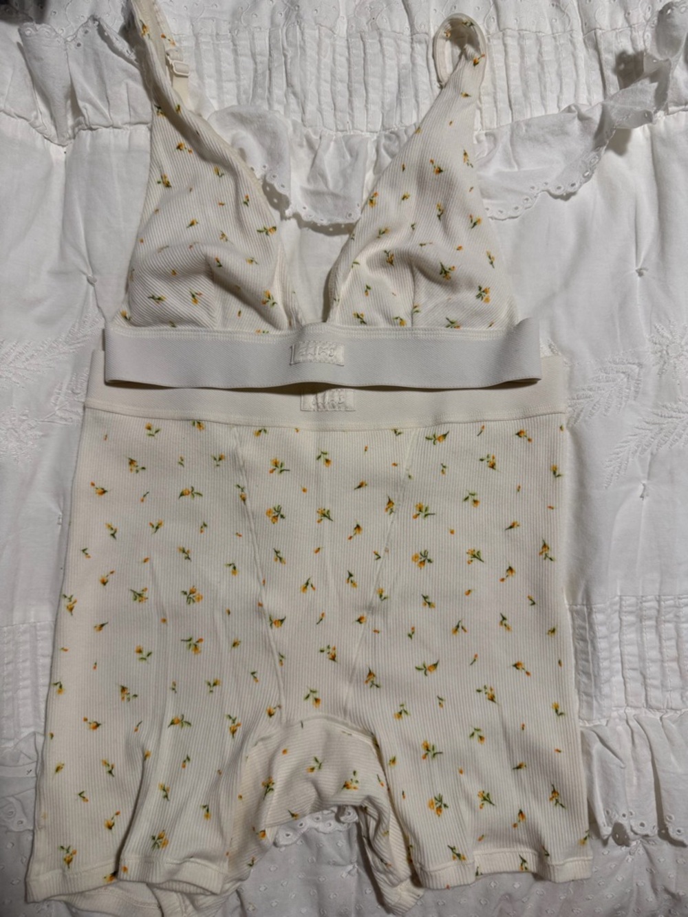 SKIMS Cream Floral Ribbed Bralette & High-Waist Shorts Set marigold